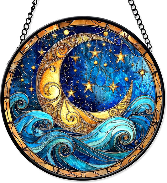 7.8" Night Sky Suncatcher Stained Glass Window Hanging Moonlight Sun Catchers Moon Star Ornament Wall Art Home Garden Kitchen Room Door Decor Birthday for Women Men Mom