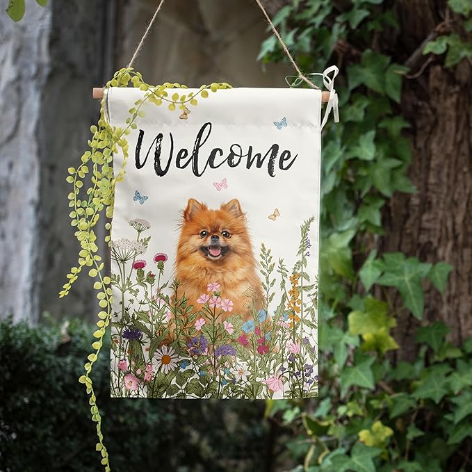 Spring Summer Garden Flag Floral Pomeranian Yard Flag Flower Dog Garden Flags for Outside Small Outdoor Welcome Flags 12x18 Double Sided
