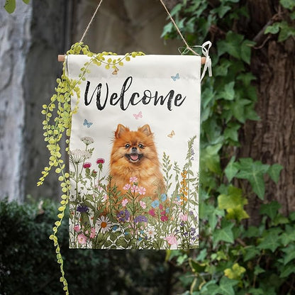Spring Summer Garden Flag Floral Pomeranian Yard Flag Flower Dog Garden Flags for Outside Small Outdoor Welcome Flags 12x18 Double Sided