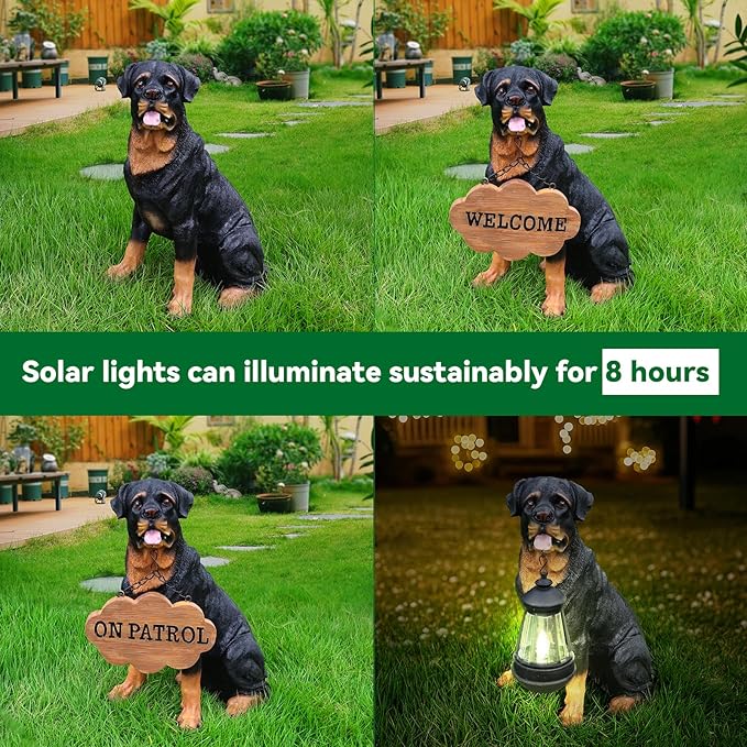 Rottweiler Front-Gate Sentinel with Solar Lantern & Double-Sided Sign, Sitting Black & Tan Statue for Drive, Portico, Lawn & Path