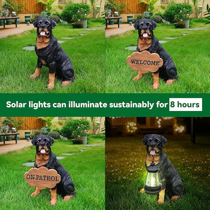 Rottweiler Front-Gate Sentinel with Solar Lantern & Double-Sided Sign, Sitting Black & Tan Statue for Drive, Portico, Lawn & Path