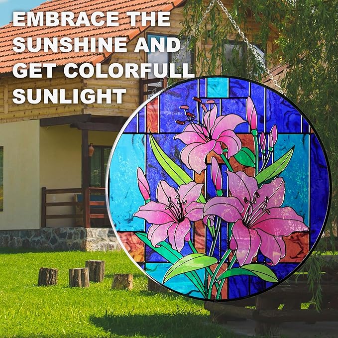 Hanway Suncatcher in Colorful Stained Glass 12" Dia - Genuine Brightly Colored Glass, Protective Metal Edge, Ready to Use Hanging Chain, for Window, Garden (Lily)