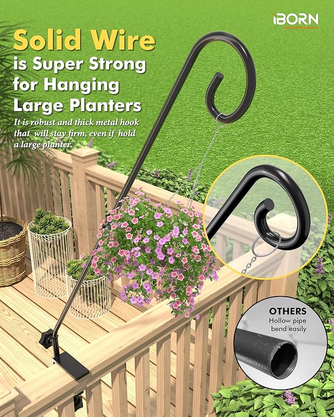 iBorn Deck Hook for Bird Feeder, Hummingbird Feeder Hanger for Deck Railing, Heavy Duty Deck Hanger for Outdoors Hanging, 360° Rotatable Arm, Solid Wire, 28 Inch, Pack of 2