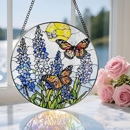 Stained Glass Window Hanging, 8 Inch Lavender & Butterfly Sun Catcher Decor, Stained Glass Ornament, Suncatchers for Windows Hanging, Window Decor, Gifts for Butterfly Lovers, Flower Lovers Gifts