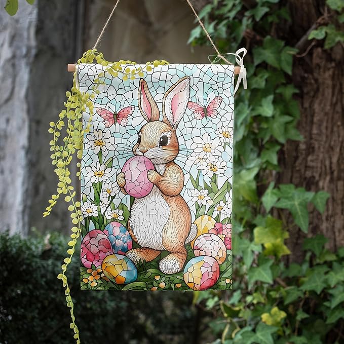 Easter Bunny Garden Flag for outside 28x40 Double Sided Stained Glass Rabbit Flag Easter Egg House Flag Lily Spring Outdoor Flag Large