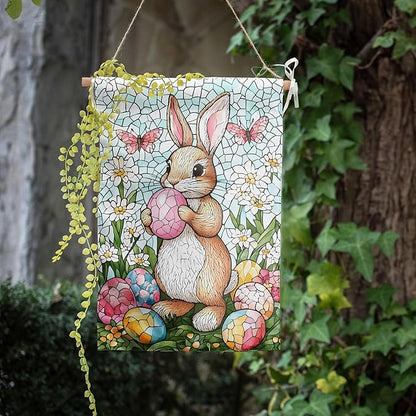 Easter Bunny Garden Flag Stained Glass Rabbit Flag Easter Egg Yard Flag for Outside 12x18 Double Sided Lily Spring Outdoor Flag Small