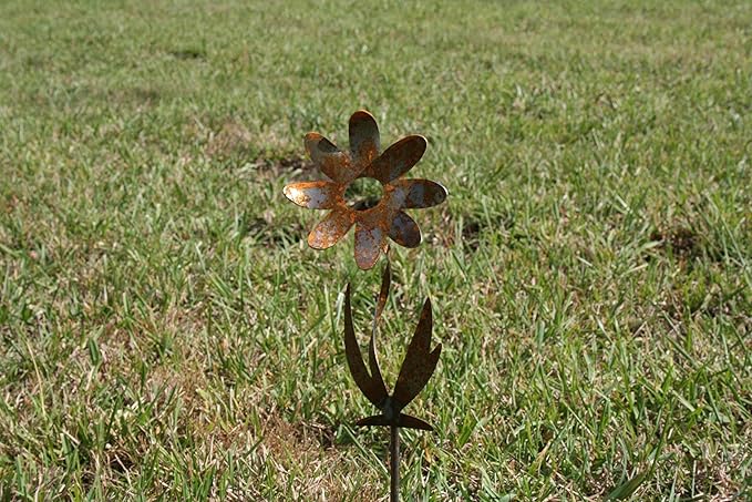 Metal Rustic and Colorful Flower Stakes Ranging from 9.5 to 36 Inches Tall (Twisted Daisy Stake 9.5" Tall, Naturally Rusted)