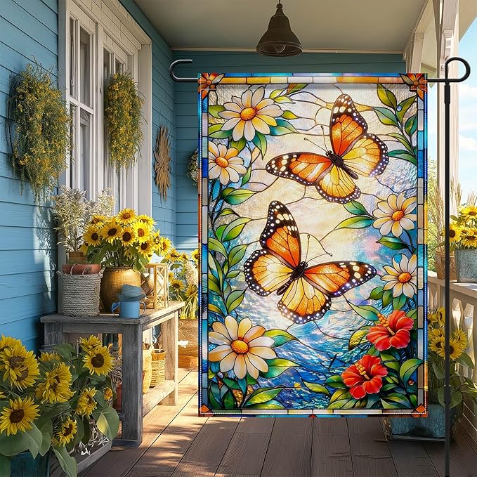 IVN Stained Glass Butterfly Garden Flag 12x18 Inch – Daisy Floral Outdoor Flag, Double Sided Burlap Spring Summer Yard Flag for Porch Lawn Patio Decor