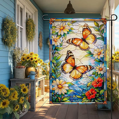 IVN Stained Glass Butterfly Garden Flag 12x18 Inch – Daisy Floral Outdoor Flag, Double Sided Burlap Spring Summer Yard Flag for Porch Lawn Patio Decor