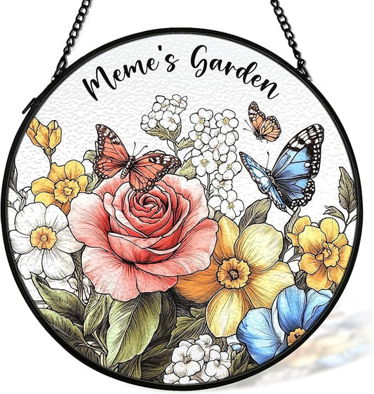 Meme Mothers Day Christmas Birthday Gifts Suncatcher Stained Glass Window Decor from Grandkids for Meme, Meme's Garden Stained Glass Wall Decor,Grandma Gift Sun Catchers Indoor Window,7.9x7.9In