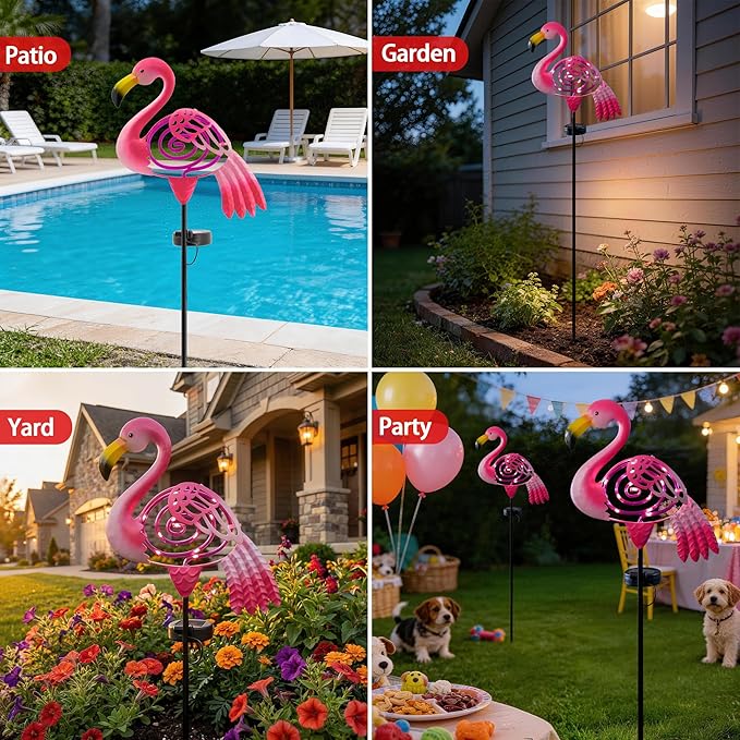 Flamingo Garden Solar Lights Outdoor Decor, Metal Pink Flamingo Yard Decoration with Waterproof Garden Stake Lights for Pathway Patio Porch Lawn Ornament, Flamingo Gifts for Women Mom Grandma