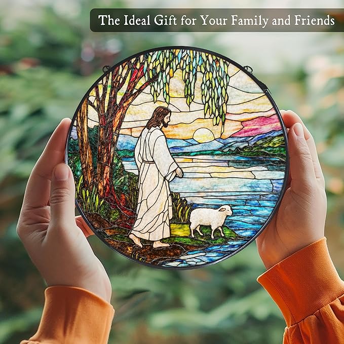 Jesus and Lamb Stained Glass Window Hanging Suncatcher, Christian Willow Tree Sun Catcher Indoor Window Decor, Religious Painted Glass Round Wall Hanging Decorations, 7.8x7.8 in