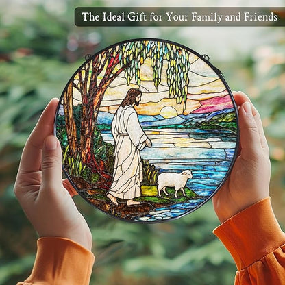 Jesus and Lamb Stained Glass Window Hanging Suncatcher, Christian Willow Tree Sun Catcher Indoor Window Decor, Religious Painted Glass Round Wall Hanging Decorations, 7.8x7.8 in