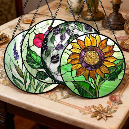 Stained Glass Window Hanging 4 Pcs Set Red Roses Yellow Sunflowers Large 11.8" - Flower Suncatcher Door Garden Sun Catcher Decor Birthday Mother's Day for Mom Woman Nana Girl