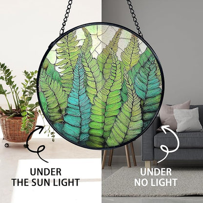 TNUW Fern Plant Stained Glass Window Hanging, Gifts for Plant Lovers Sun Catchers Indoor Window Glass Round Wall Art Decor, Fern Botanical Wall Hanging Decorations, 7.9＂x7.9＂