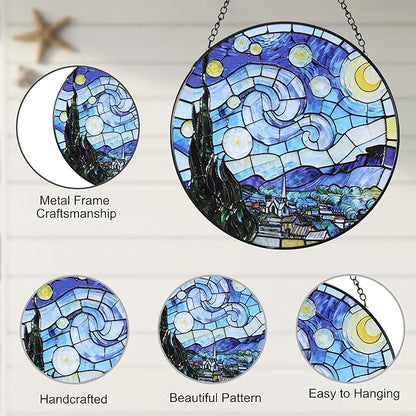 Hanging Stained Glass for Windows,20cm/7.87inch Van Gogh Starry Night Stained Glass Suncatcher with Chain Garden Diamond Glass Panel Hangings Decoration for Home Decor Gifts for Family Friends
