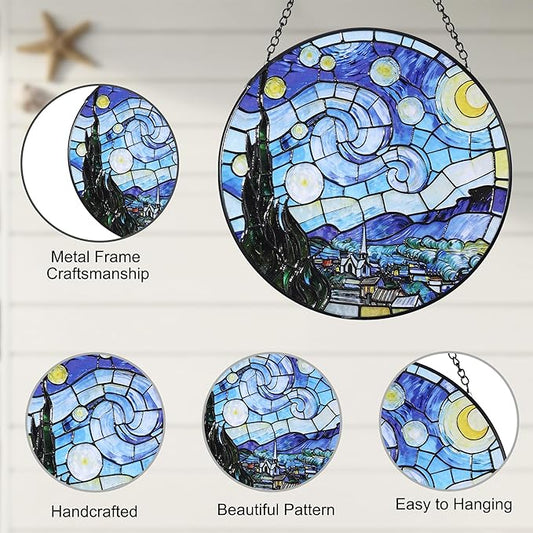 Hanging Stained Glass for Windows,20cm/7.87inch Van Gogh Starry Night Stained Glass Suncatcher with Chain Garden Diamond Glass Panel Hangings Decoration for Home Decor Gifts for Family Friends