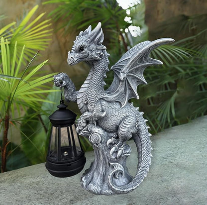 JORAE Dragon Statue with Solar Lantern Outdoor Figurine Gothic Garden Decor for Patio Balcony Lawn Yard Sculpture Resin, 9.5" H