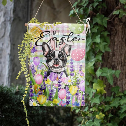 Happy Easter Dog Garden Flag Boston Terrier Spring Flags Buffalo Plaid Bunny Eggs Yard Flag for Outside 12x18 Double Sided Small Decorative Floral Outdoor Flag
