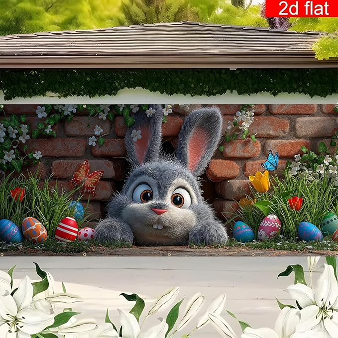 Easter Garage Door Banner Cover, Easter Bunny Colorful Eggs Spring Party Backdrop Decor, Garage Door Cover For Outdoor Yard Holiday Decoration (Cute Bunny)