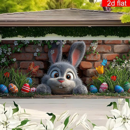 Easter Garage Door Banner Cover, Easter Bunny Colorful Eggs Spring Party Backdrop Decor, Garage Door Cover For Outdoor Yard Holiday Decoration (Cute Bunny)