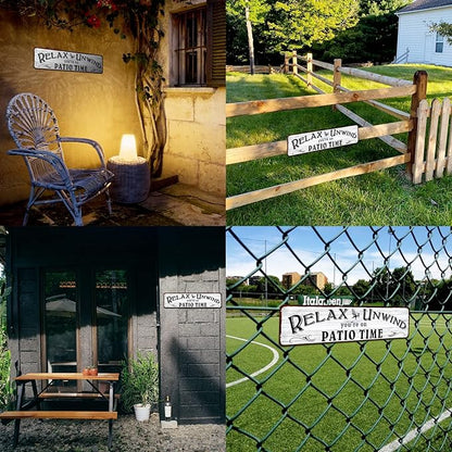 Patio Wall Decor Backyard Patio Signs And Decor Outdoor 4" by 16" Tin Sign For Home, Bar, Porch - Relax Unwind You're On Patio Time