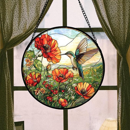 DASTOLL Stained Glass Window Hanging, Hummingbirds Orange Flowers Suncatcher Diamond Glass Panel Hangings Sun Catchers Decor for Birthday for Women, Men, Wife, Aunt, and Mom 14.9 in