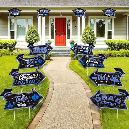 12PCS 2026 Graduation Yard Sign for Outdoor Pathway,Graduation Cap Hanging Yard Signs,Black Blue This Way Yard Signs with Stakes Ribbon,Class of 2026 Grad Party Decoration for College High School
