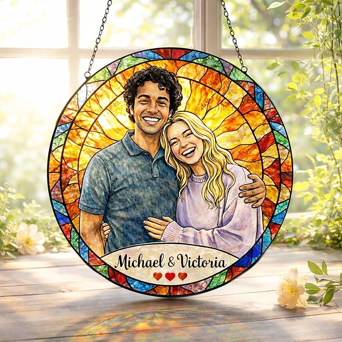 Personalized Photo Couple Stained Glass Suncatcher, Custom Picture Window Hanging Glass, Unique for Wedding Married Couples, Valentine's Day Girlfriend Sentimental Romantic Home Decor