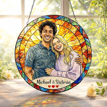 Personalized Photo Couple Stained Glass Suncatcher, Custom Picture Window Hanging Glass, Unique for Wedding Married Couples, Valentine's Day Girlfriend Sentimental Romantic Home Decor