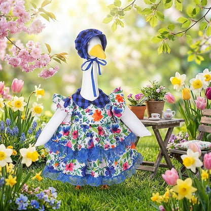 Abbylike 1 Set Spring Porch Goose Outfits Flower Lolita Dress Hat Floral Goose Clothes Costume Fits Large 23'' Cement for Spring Summer Outdoor Garden Yard Patio Lawn Statue Pathway Art Decorations
