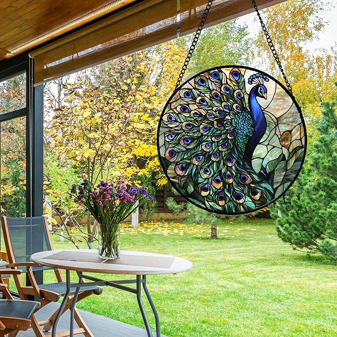 DASTOLL Stained Glass Window Hanging, Blue Green Peacock Decor Suncatcher for Door Garden Home Decoration Bird Sun Catchers Christmas Mother's Day Birthday Gifts for Women Men Mom Nana Friend 9.8 in