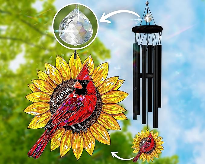 Personalized Memorial Wind Chimes for Loss of Loved One, Custom Crystal Sunflower Cardinal Memory Ornament, Remembrance Gifts for Loss of Mother Dad, Sympathy Suncatcher Windchimes, Garden Décor
