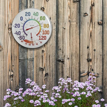 Taylor Metal Wall Indoor Outdoor Thermometer and Hygrometer, Easy to Read Numbers for Patio, Pool, and Indoor Areas, 12 inch, Multi