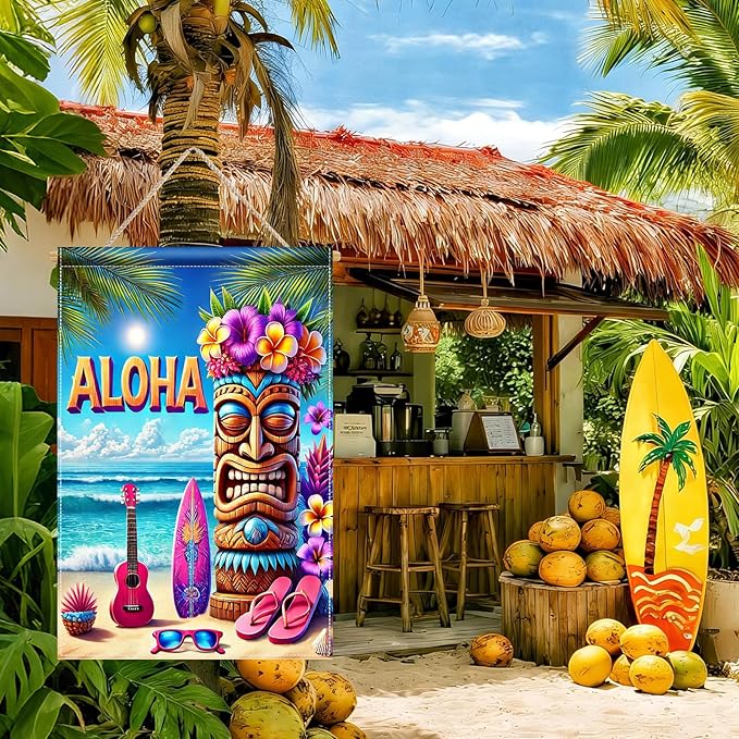 BlissYard Aloha Tiki Garden Flag 12x18 Double Sided Vertical Outdoor Decor Tropical Island Beach Tiki Mask Surf Guitar Summer Yard Garden Lawn Patio Banner