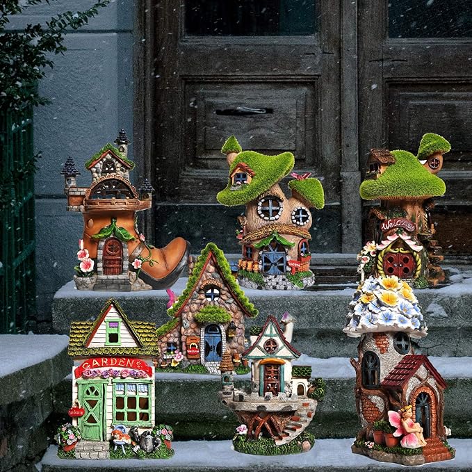 ASAWASA Flocked Mushroom Fairy Garden House with Solar Light,Funny Statue Sculptures for Garden Decor,Exquisite Cottage Figurines for Patio Lawn Yard Gift Decoration