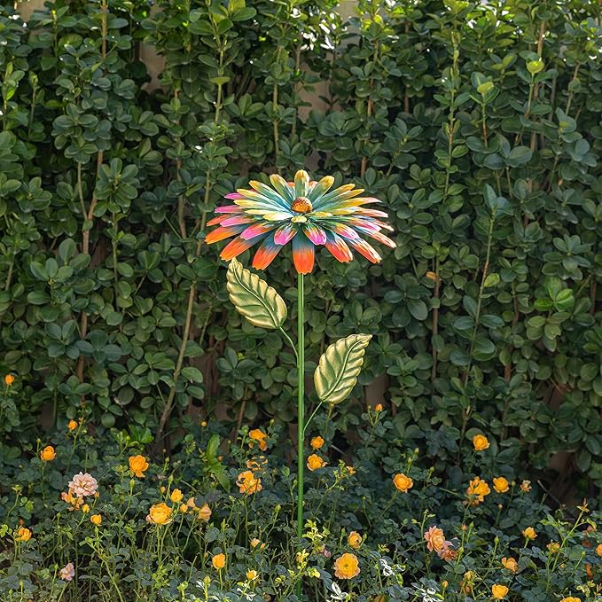 Glitzhome Metal Flower Yard Stake, 41" H Hand Painted Garden Flower with Red Green Petals, Iron Garden Yard Spring Decor for Lawn Landscape