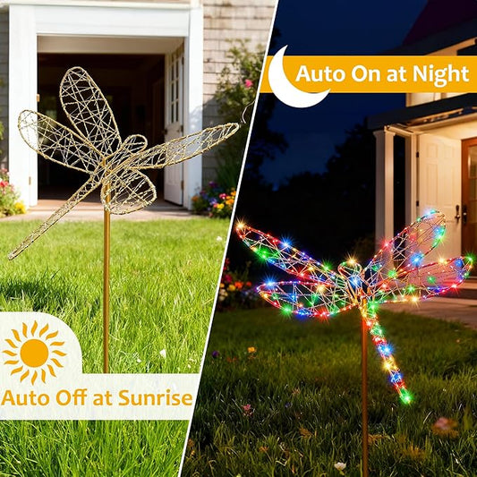 Lomotech Solar Garden Lights - 18" 240 Leds Foldable Outdoor Dragonfly Garden Decor, Waterproof Larger Outdoor Solar Lights with Iron for Garden Patio Yard Lawn Pathway Decorations (Multicolor)