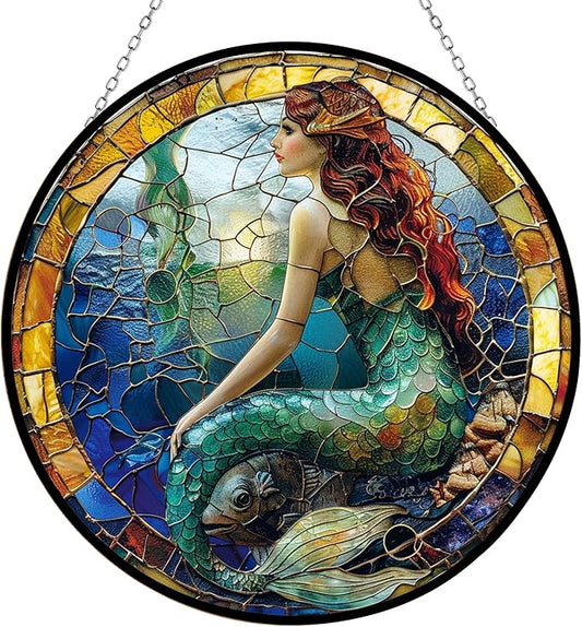 Mermaid Stained Glass Window Hanging Window Suncatcher 12" Glass Panel with Metal Chain Sun Catchers Wall Art Home Decor Gift for Women Mother's Day (12”x12”)