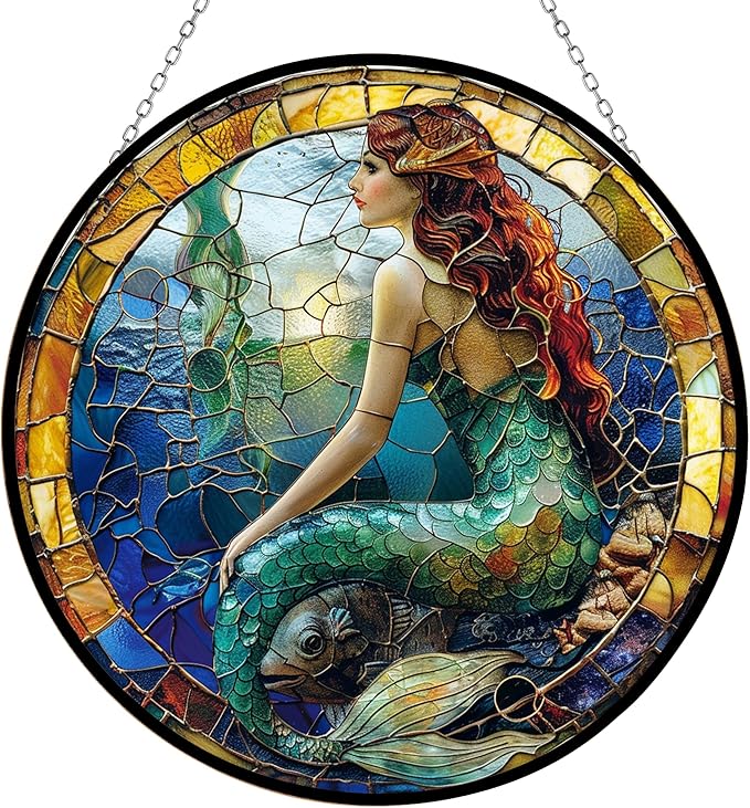 Mermaid Stained Glass Window Hanging Sun Catcher Halloween Haning Ornament Decoration Christmas Birthday Gifts for Lover and Friends