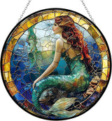 Mermaid Stained Glass Window Hanging Sun Catcher Halloween Haning Ornament Decoration Christmas Birthday Gifts for Lover and Friends