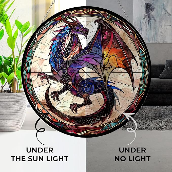Dragon Stained Glass Window Hanging Suncatcher 12" Glass Panel with Metal Chain Sun Catchers Wall Art Home Decor Gift for Women Mother's Day