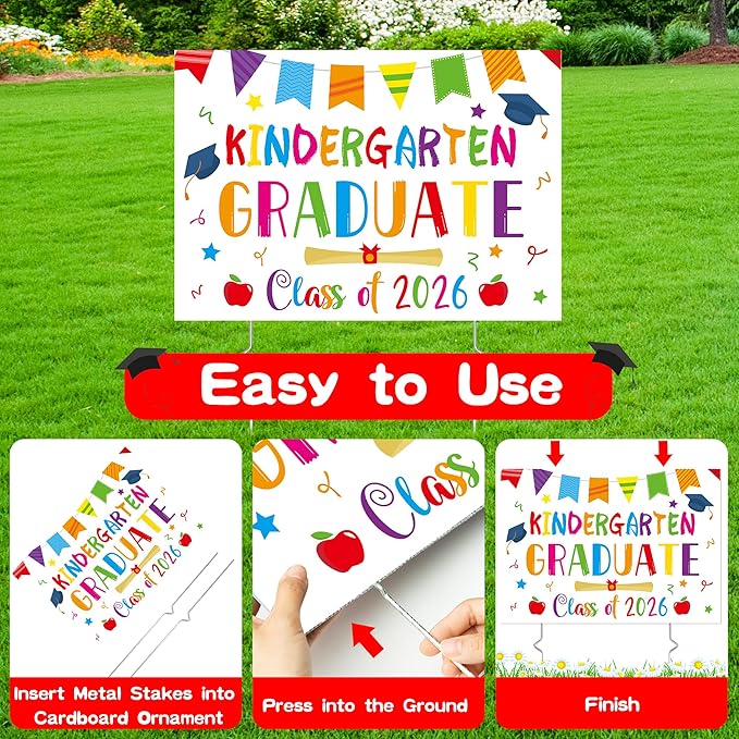 Kindergarten Grad Yard Sign - Class of 2026 Preschool Graduate Lawn Sign with Stake School Congrats Graduation Decorations Colorful Graduation Party Favors Supplies Outdoor Photo Booth Props for Kids