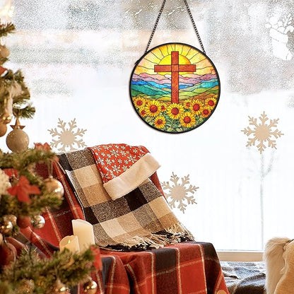 Christian Sunflower Suncatcher Stained Glass Cross Window Hanging Wall Decor, Christmas Religious Gifts for Women, Religious Wildflower Garden Lawn Sun Catchers for Window Hanging,7.9x7.9In