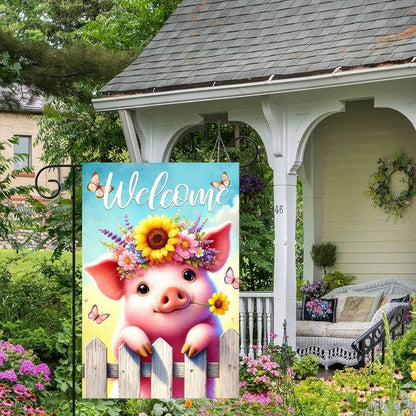 BlissYard Spring Welcome Garden Flag 12x18 Inches Double Sided Cute Pig Yard Flags Sunflower Crown Fence for Outside Decor Home Farmhouse Holiday Summer Decorations