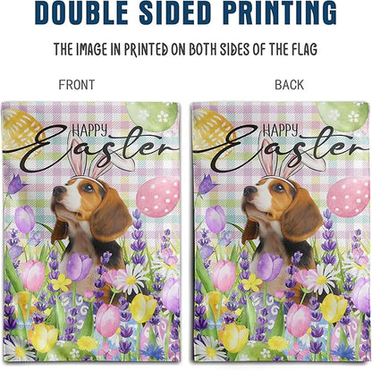 Happy Easter Dog Garden Flag Beagle Spring Flags Buffalo Plaid Bunny Eggs Yard Flag for Outside 12x18 Double Sided Small Decorative Floral Outdoor Flag
