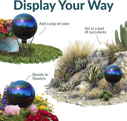 Sunnydaze 10-Inch Gazing Ball for Garden - Glass Gazing Globe with Mirrored Stainless Steel Finish - Rainbow