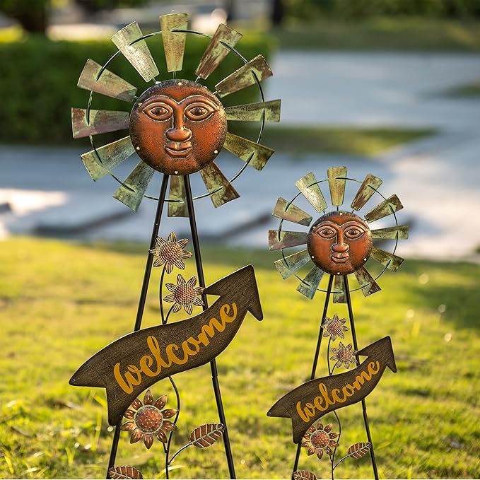 TERESA'S COLLECTIONS Garden Decor with Solar Outdoor Lights, Wind Spinner Yard Art Sign for Outside, 26'' Bronze Metal Sun Face Windmill Decorative Garden Stake for Lawn Ornaments, Gifts for Mom