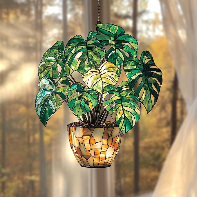 Monstera LeavesChristmas Ornament Colorful Acrylic Suncatcher Stained Glass Effect Window Hanging for Book Lover Bookish Decor Gift for Women mom Grandma