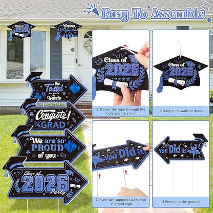 12PCS 2026 Graduation Yard Sign for Outdoor Pathway,Graduation Cap Hanging Yard Signs,Black Blue This Way Yard Signs with Stakes Ribbon,Class of 2026 Grad Party Decoration for College High School